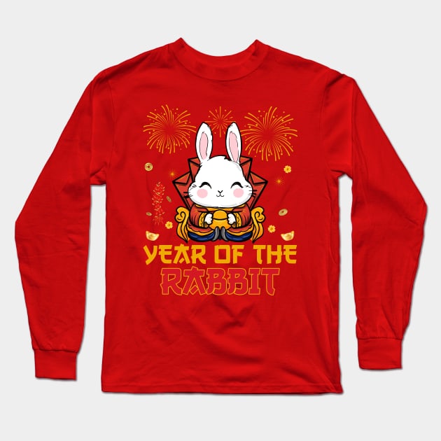 2023 Fireworks New Year Eve Dabbing Rabbit Chinese New Year Long Sleeve T-Shirt by Sandra Holloman